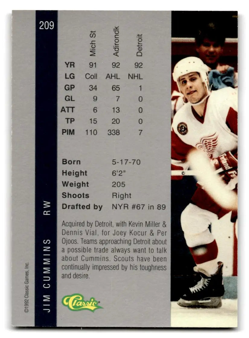 Jim Cummins hockey card from 1992 Classic Four Sport #209 collectible set