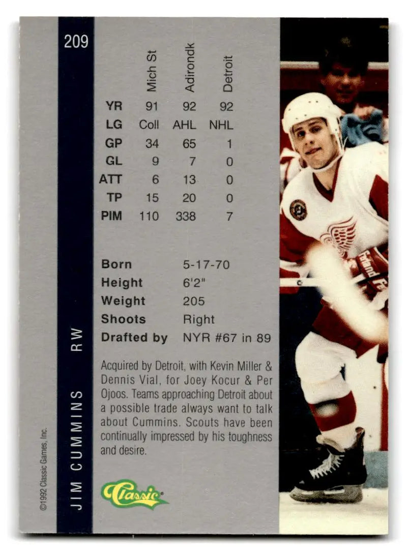 Jim Cummins hockey card from 1992 Classic Four Sport #209 collectible set