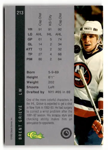 Original gloss hockey trading card from 1992 Classic Four Sport series featuring Brent Grieve