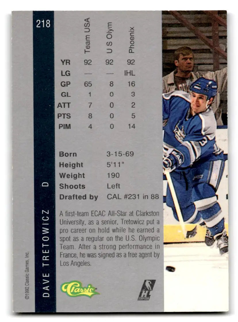 Hockey card back of 1992 Classic Four Sport #218 Dave Tretowicz collectible item
