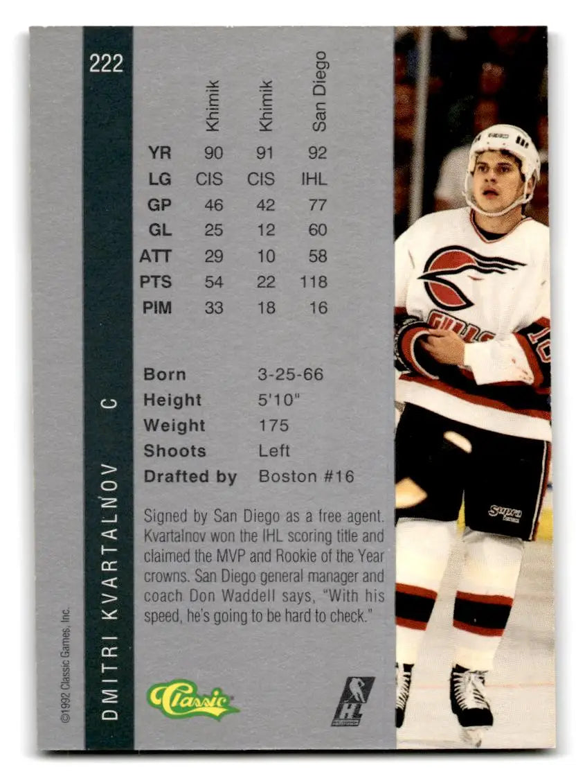 1992 Classic Four Sport #222 Dmitri Kvartalnov - Hockey Card Single