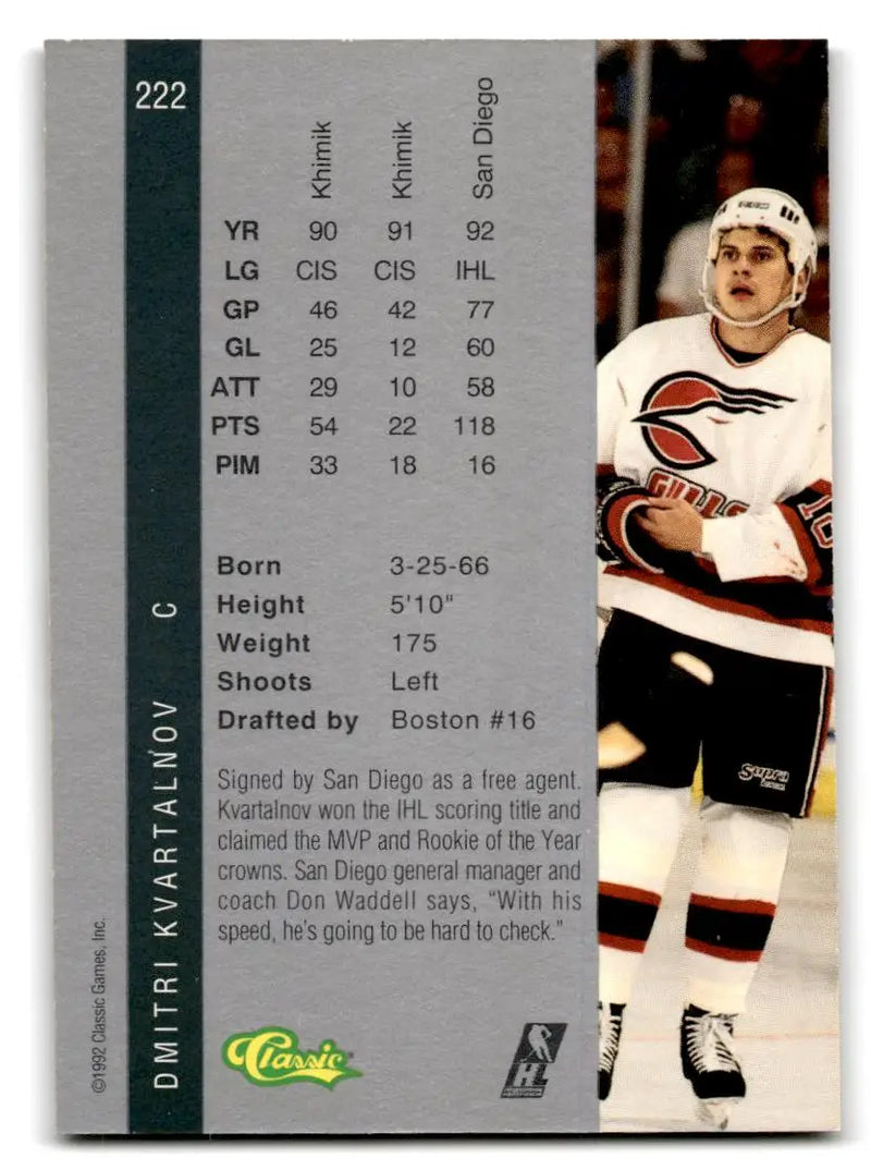 1992 Classic Four Sport #222 Dmitri Kvartalnov - Hockey Card Single