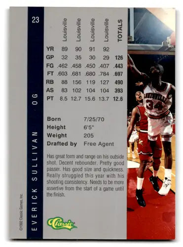 Basketball card from the 1992 Classic Four Sport series featuring Everick Sullivan