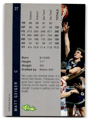 Matt Geiger basketball card from 1992 Classic Four Sport series in near mint condition