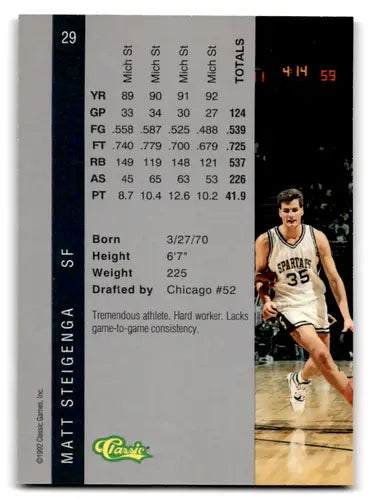 1992 Classic Four Sport #29 Matt Steigenga EX/NM Bulls ID:67835 - Basketball Card Single