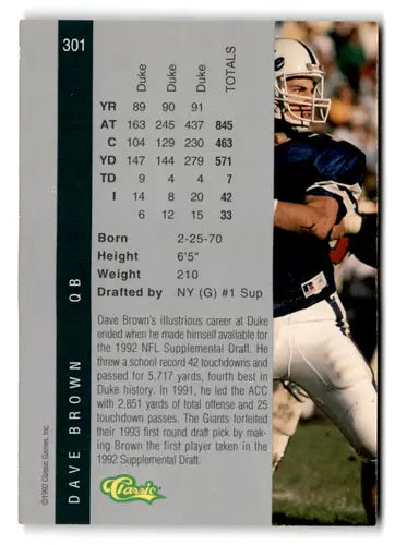 1992 Classic Four Sport Dave Brown football card in near mint condition
