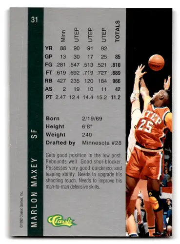 1992 Classic Four Sport Marlon Maxey basketball card Timberwolves ID 67833 EX/NM
