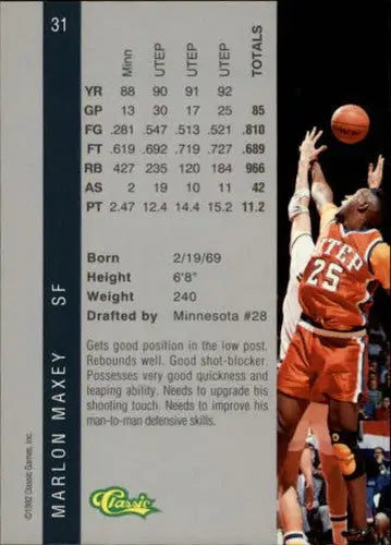 Basketball card from 1992 Classic Four Sport featuring Marlon Maxey Timberwolves