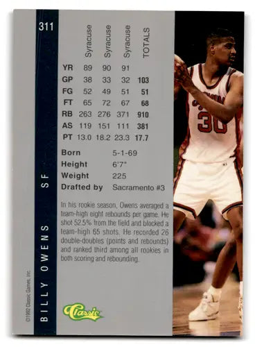 Basketball card from 1992 Classic Four Sport series featuring Billy Owens EX/NM