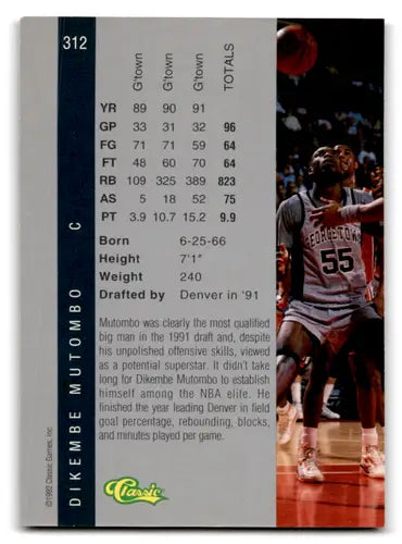 Basketball card from 1992 Classic Four Sport series featuring Dikembe Mutombo