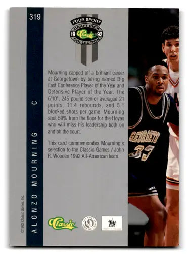 Alonzo Mourning basketball card from 1992 Classic Four Sport collection