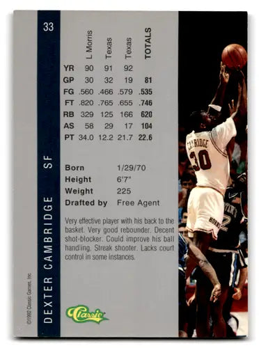 Vintage Dexter Cambridge basketball card from 1992 Classic Four Sport collection
