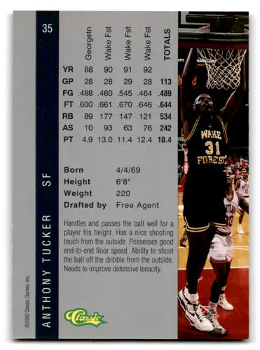 Basketball card from 1992 Classic Four Sport series featuring Anthony Tucker EX/NM