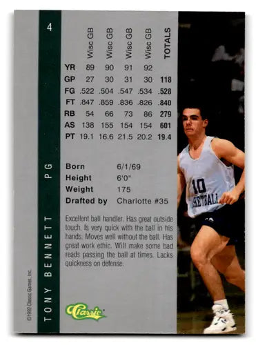 Original gloss 1992 Classic Four Sport Tony Bennett Hornets basketball card