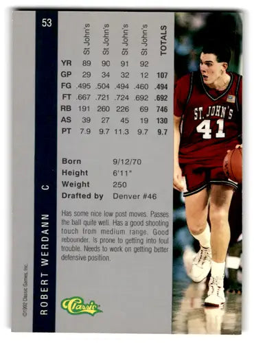 Original gloss of a Basketball card from 1992 Classic Four Sport series featuring Robert Werdann