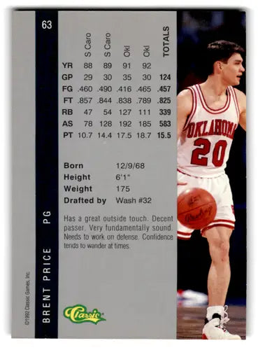 Original gloss basketball card from 1992 Classic Four Sport featuring Brent Price Bullets