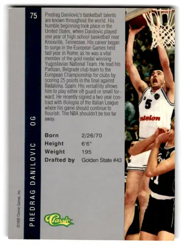 Original gloss Predrag Danilovic basketball card from 1992 Classic Four Sport collection