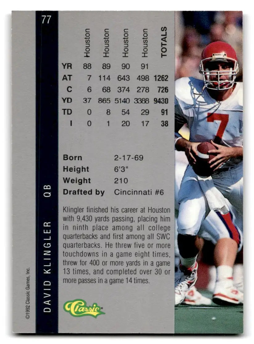 1992 Classic Four Sport #77 David Klingler - Football Card Single