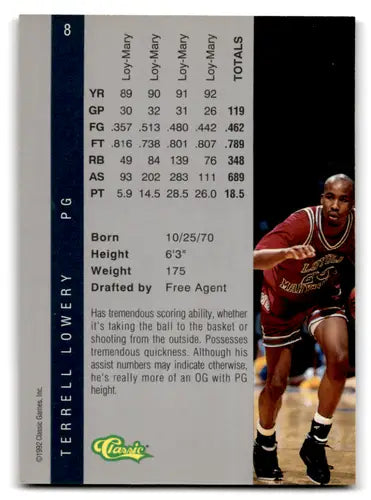 Original gloss basketball card of Terrell Lowery from 1992 Classic Four Sport series