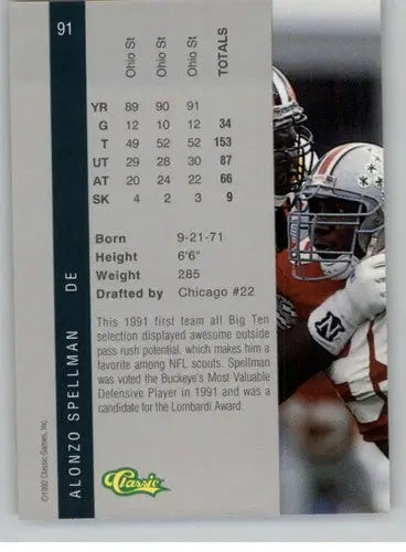 Original gloss of Alonzo Spellman football card from 1992 Classic Four Sport series