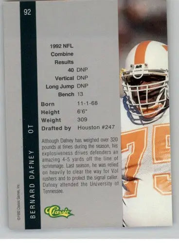 Original gloss Football trading card from 1992 Classic Four Sport series featuring Bernard Dafney
