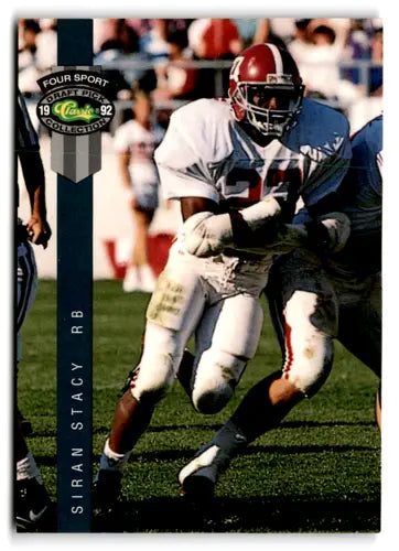 Original gloss football trading card from 1992 Classic Four Sport featuring Siran Stacy