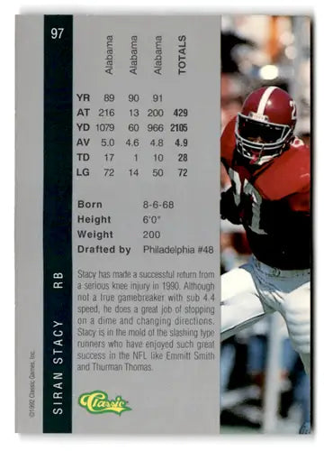 Original gloss Sirian Stacy football card from 1992 Classic Four Sport featuring Eagles