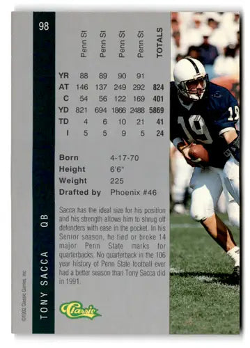 Original gloss 1992 Classic Four Sport Tony Sacca football card near mint condition