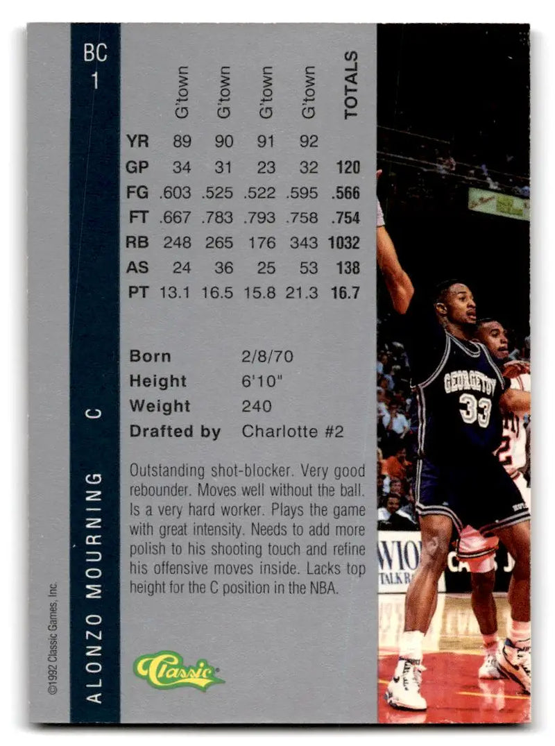 1992 Classic Four Sport #BC1 Alonzo Mourning Bonus Cards - Basketball Card Single