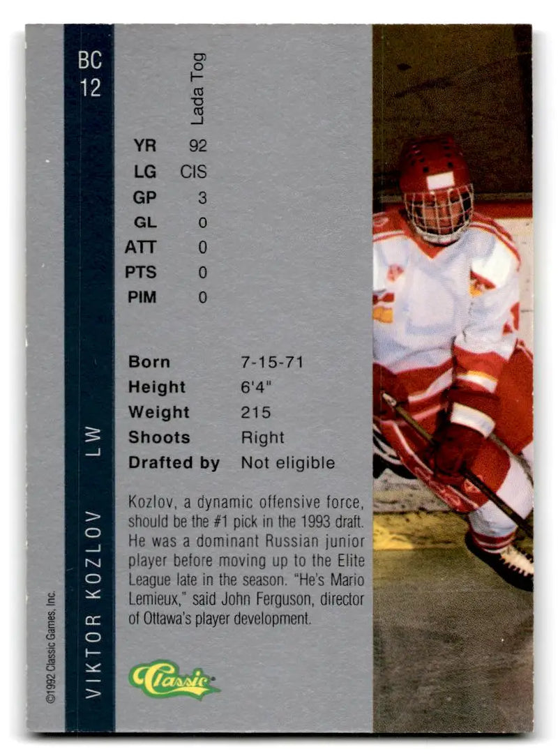 1992 Classic Four Sport #BC12 Viktor Kozlov Bonus Cards - Hockey Card Single