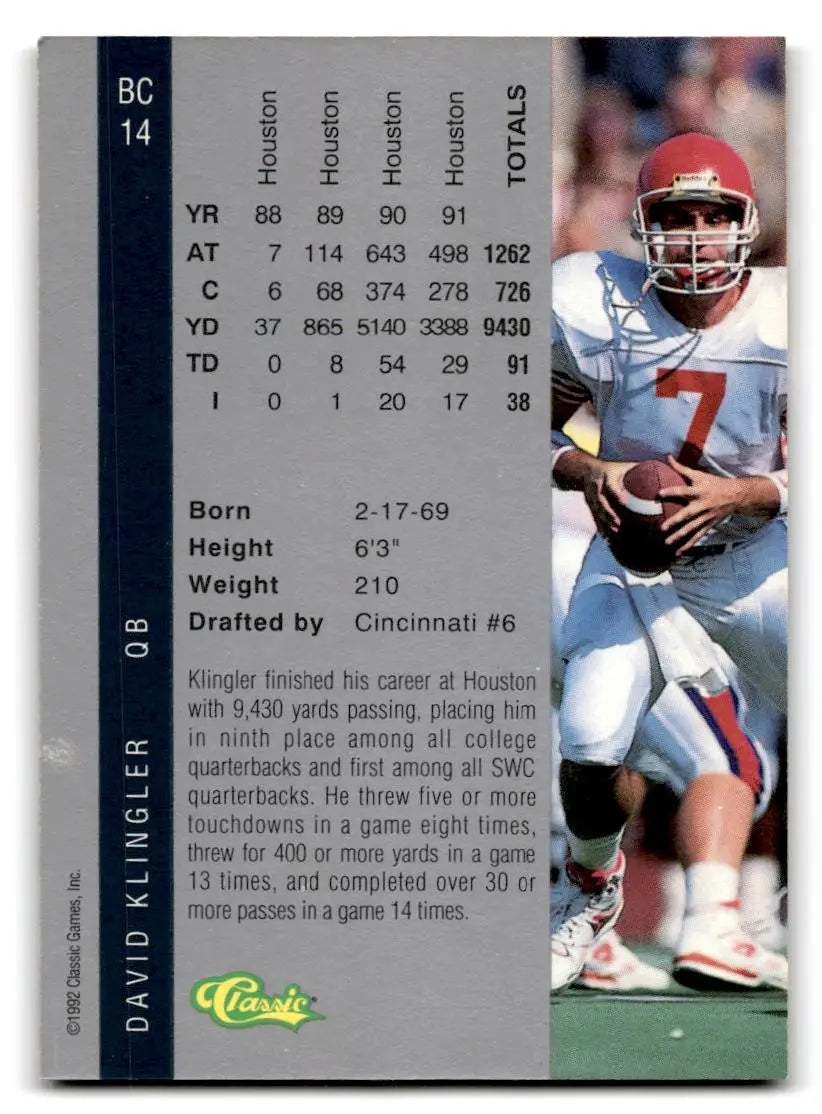 1992 Classic Four Sport #BC14 David Klingler Bonus Cards - Football Card Single