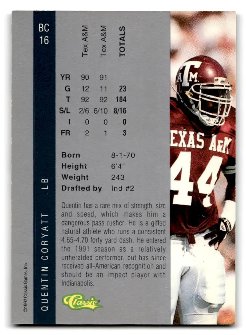 1992 Classic Four Sport #BC16 Quentin Coryatt Bonus Cards - Football Card Single