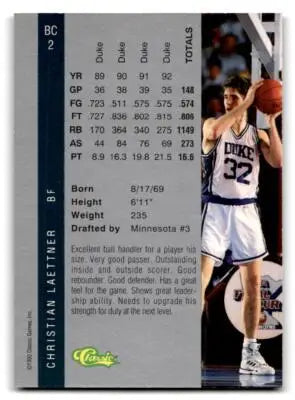 1992 Classic Four Sport #BC2 Christian Laettner Bonus Cards - Basketball Card Single