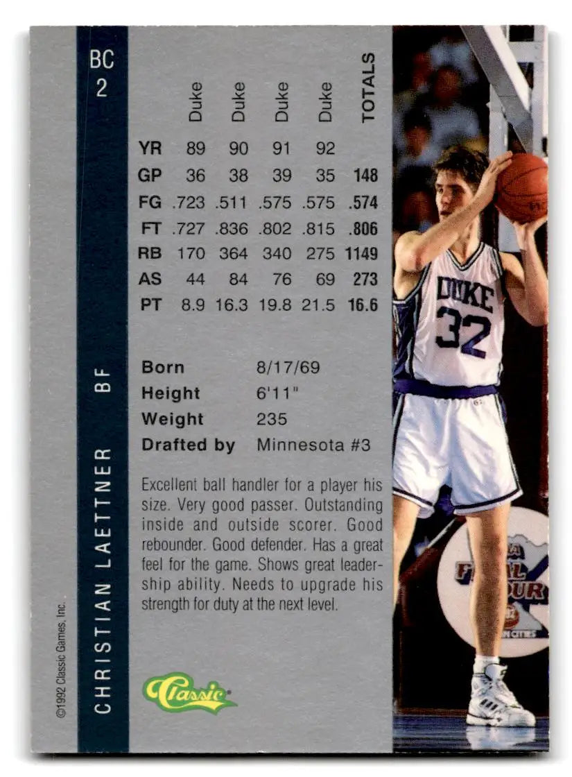 1992 Classic Four Sport #BC2 Christian Laettner Bonus Cards - Basketball Card Single