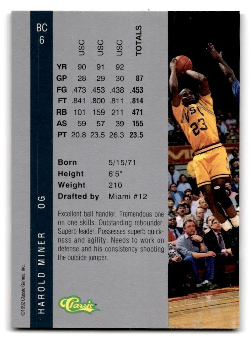 1992 Classic Four Sport #BC6 Harold Miner Bonus Cards - Basketball Card Single