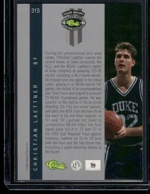 1992 Classic Four Sport Collection Christian Laettner #315 Basketball - Basketball Card Single
