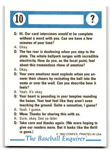 Original gloss baseball card featuring Confex Baseball Enquirer interview questions