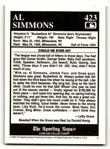 Conlon Collection Al Simmons baseball card back Philadelphia Athletics original gloss