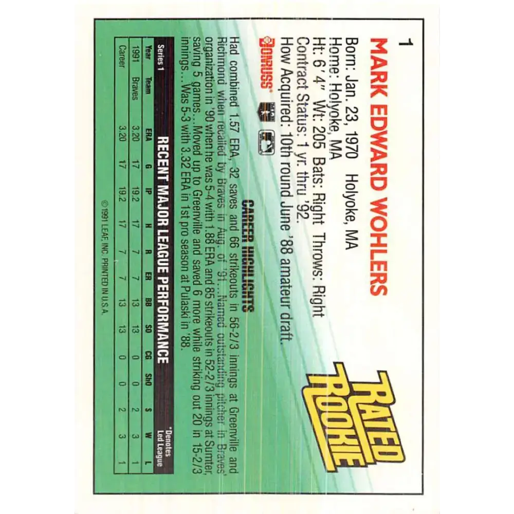 1992 Donruss #1 Mark Wohlers RR NM-MT Atlanta Braves Baseball Card - Baseball Card Single