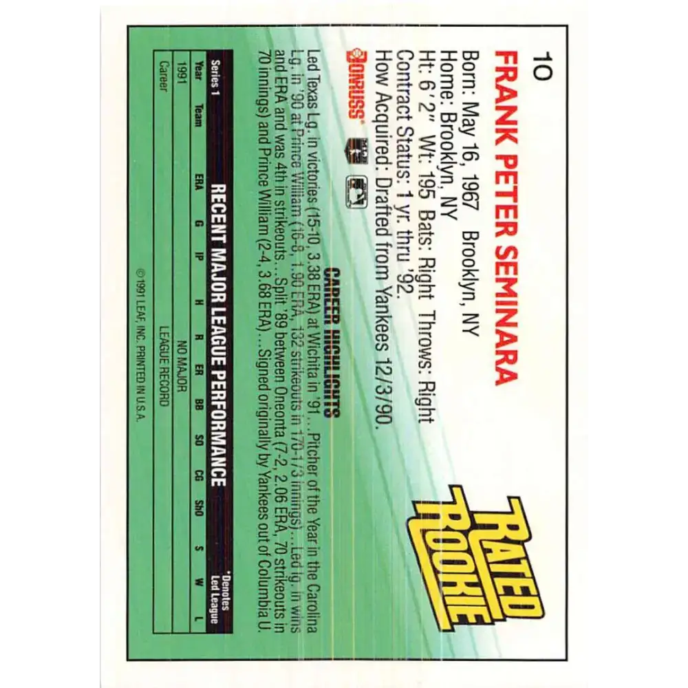 1992 Donruss #10 Frank Seminara RR NM-MT RC Rookie San Diego Padres Baseball Card - Baseball Card Single