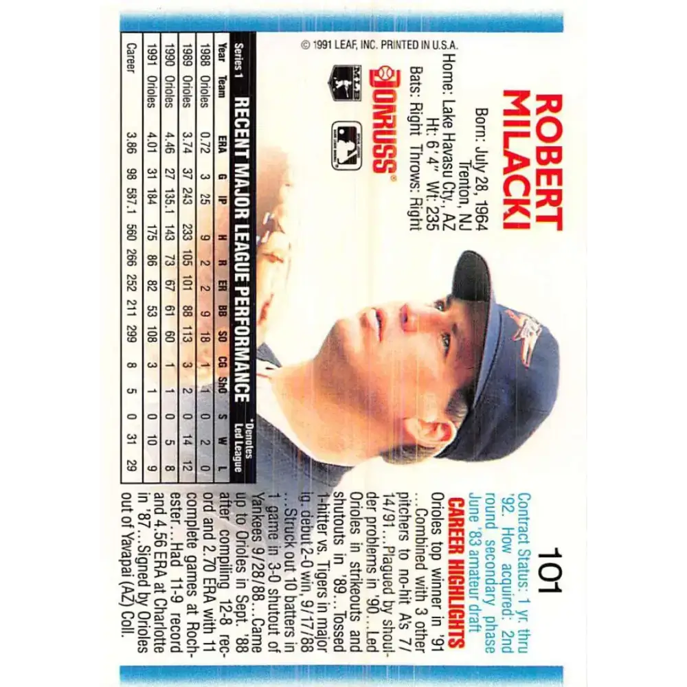 1992 Donruss #101 Bob Milacki NM-MT Baltimore Orioles Baseball Card - Baseball Card Single