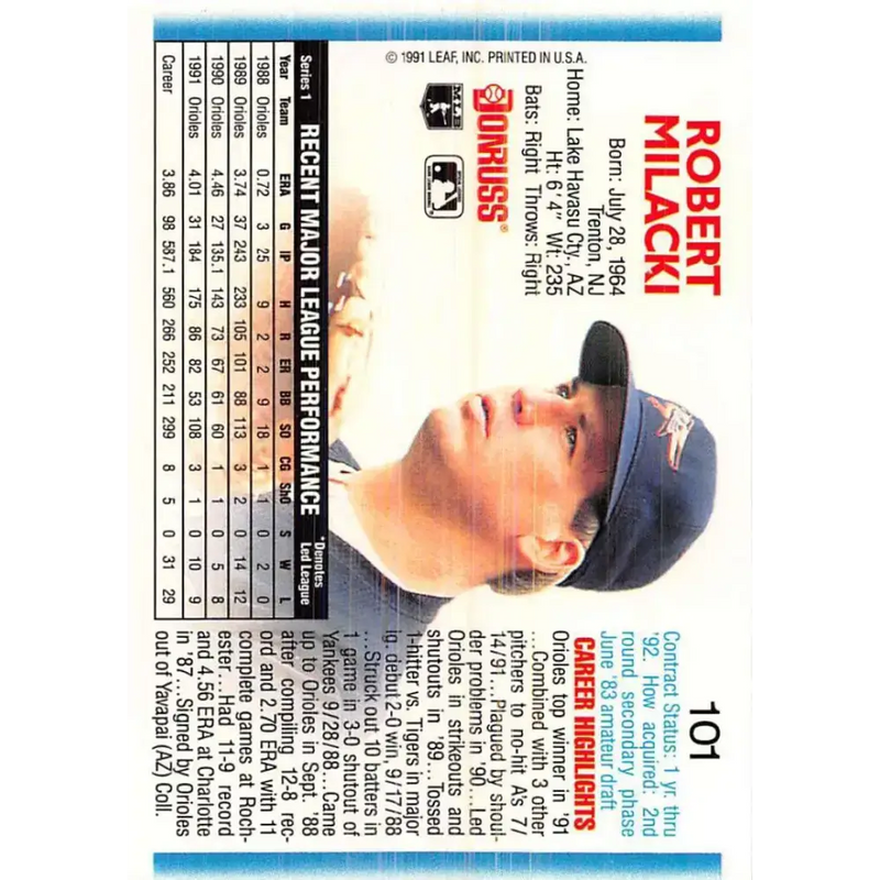 1992 Donruss #101 Bob Milacki NM-MT Baltimore Orioles Baseball Card - Baseball Card Single