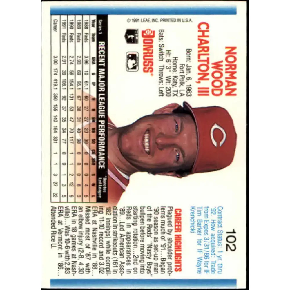 1992 Donruss #102 Norm Charlton NM-MT Cincinnati Reds Baseball Card - Baseball Card Single