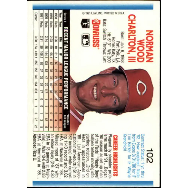1992 Donruss #102 Norm Charlton NM-MT Cincinnati Reds Baseball Card - Baseball Card Single