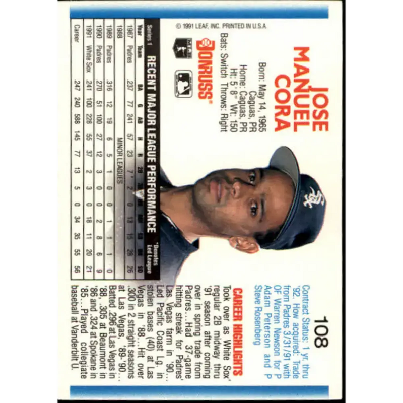 1992 Donruss #108 Joey Cora NM-MT Chicago White Sox Baseball Card - Baseball Card Single