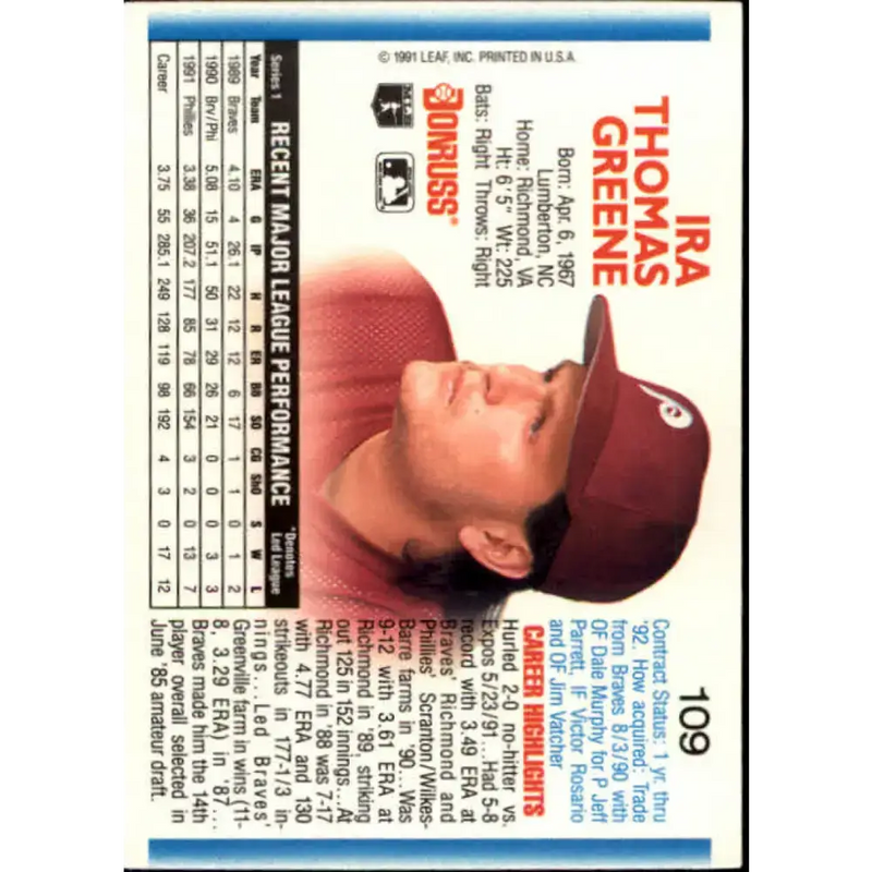1992 Donruss #109 Tommy Greene NM-MT Philadelphia Phillies Baseball Card - Baseball Card Single
