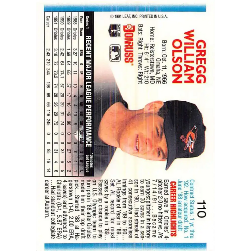 1992 Donruss #110 Gregg Olson NM-MT Baltimore Orioles Baseball Card - Baseball Card Single