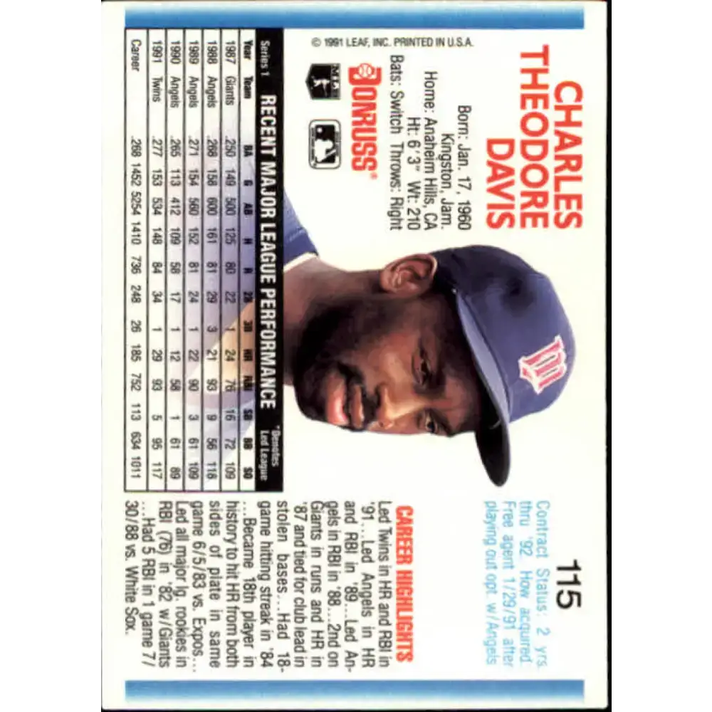 1992 Donruss #115 Chili Davis NM-MT Minnesota Twins Baseball Card - Baseball Card Single