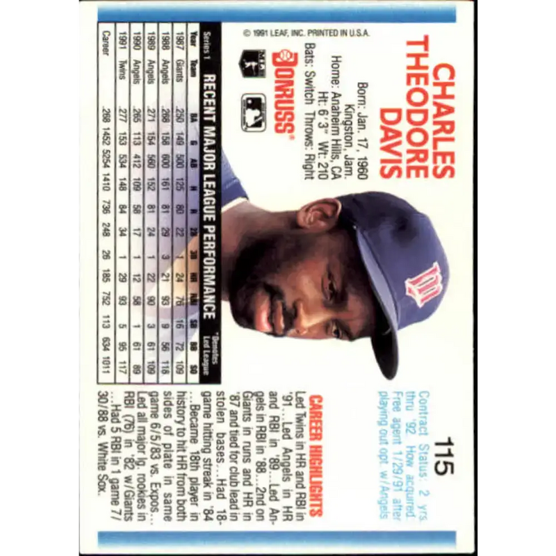 1992 Donruss #115 Chili Davis NM-MT Minnesota Twins Baseball Card - Baseball Card Single
