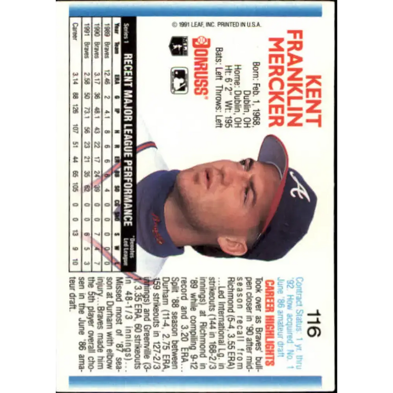 1992 Donruss #116 Kent Mercker NM-MT Atlanta Braves Baseball Card - Baseball Card Single